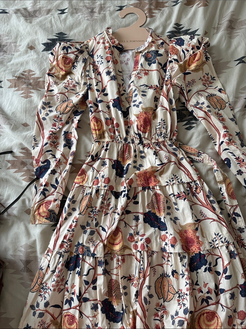 Ulla Johnson Cream Floral Tiered Maxi Dress with Navy and Peach Motif
